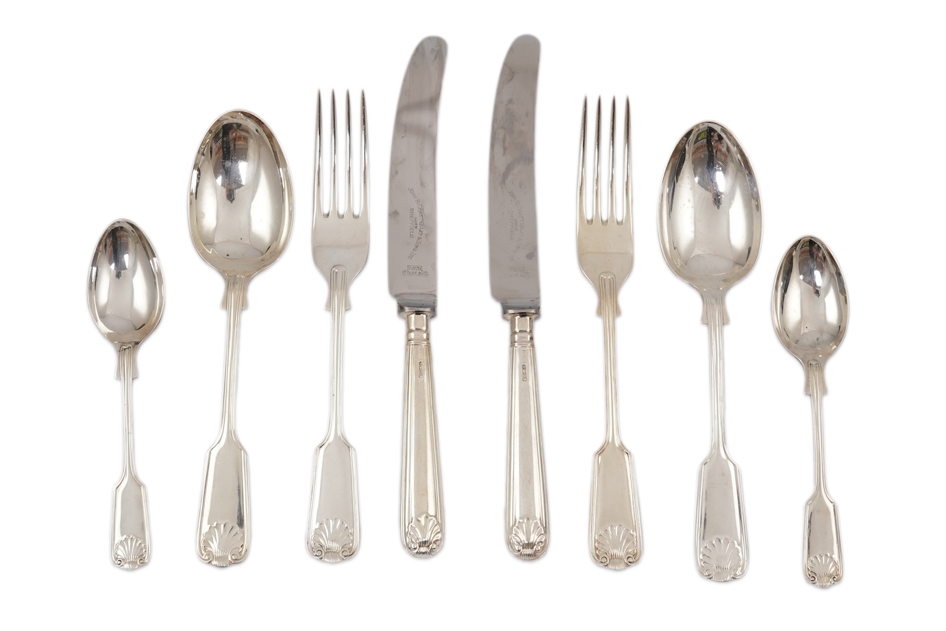 An Elizabeth II part canteen of silver fiddle, thread and shell pattern cutlery, by J B Chatterley & Sons Ltd